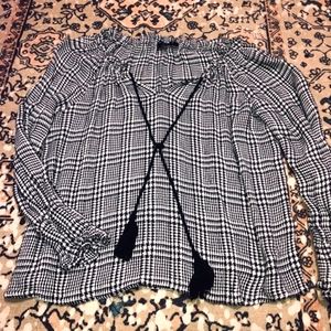 Plaid Black And White Relaxed V Neck with Tassels by Maven West.